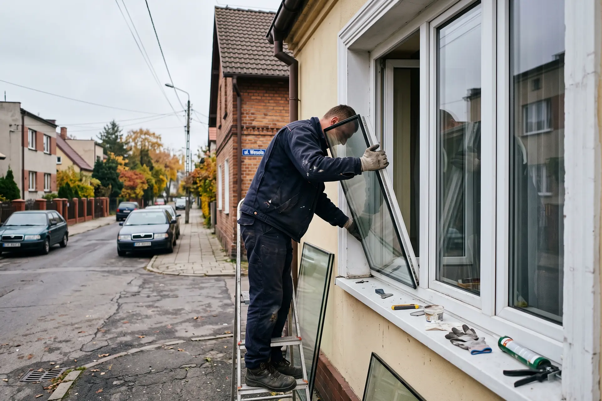 Szklarz wstawiający szybę zespoloną w oknie na drabinie