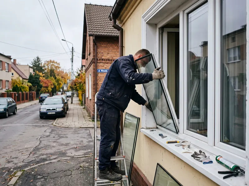 Szklarz na drabinie wstawiający szybę zespoloną w oknie