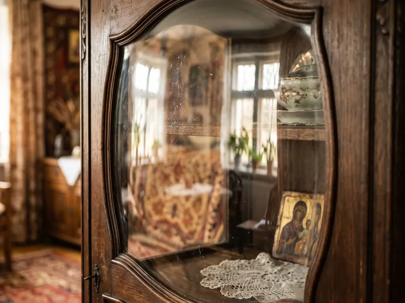 Wypukła szyba w drzwiach dębowej witryny