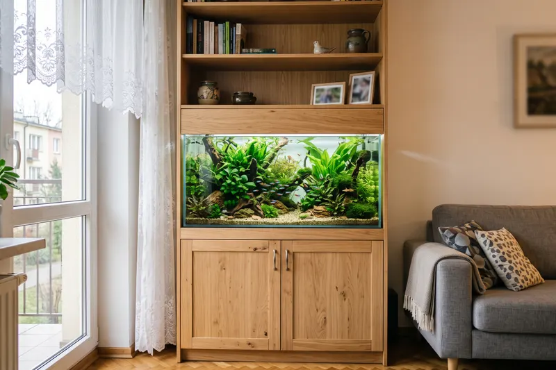 Akwarium roślinne w zabudowie meblowej w salonie